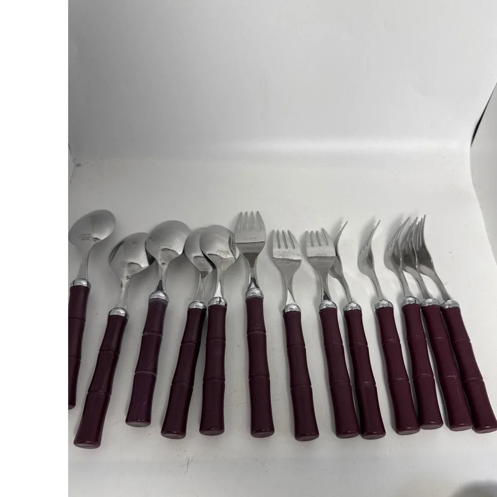 Hampton Silversmiths Flatware 13pc Set Burgundy Faux Bamboo Stainless Steel